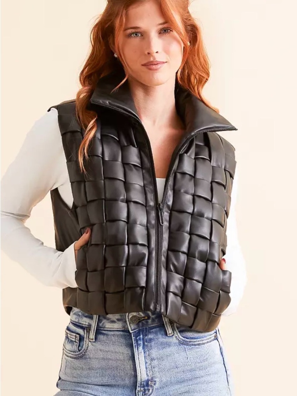 NWT Woven Faux Leather Black Puffer Vest
